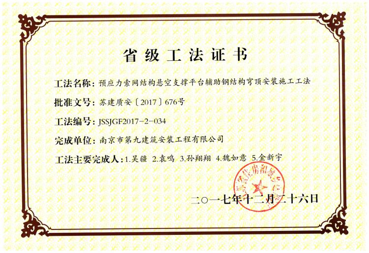 省級工法-預(yù)應(yīng)力索網(wǎng)結(jié)構(gòu)懸空支撐平臺(tái)輔助鋼結(jié)構(gòu)穹頂安裝施工-第1張圖片-南京九建