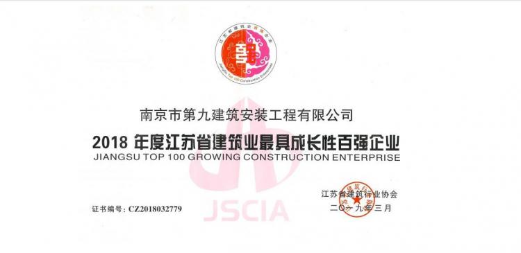 江蘇省建筑業最具成長性百強企業-2018-第1張圖片-南京九建